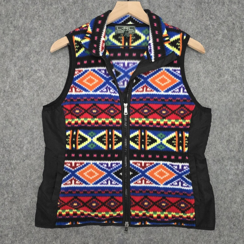Lauren Ralph Lauren Vest Womens L Multicolor Fleece Southwestern‎ Zip Pockets